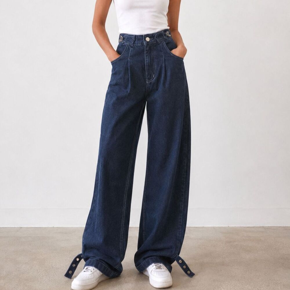MERGE Y2K Baggy Balloon Jeans XL Dark Wash Buckle Strap Wide Leg Denim